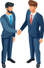 A modern 3D vector illustration of a business handshake, designed in isometric style with soft shadows. Perfect for representing collaboration, agreement, and professional partnership in corporate mat