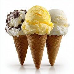Ice cream scoops with cone isolated on white background.