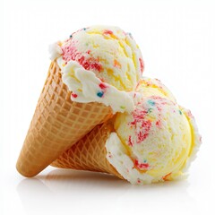 Ice cream scoops with cone isolated on white background.
