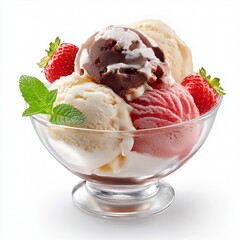Ice cream sundae in a glass bowl, with scoops of vanilla, chocolate, and strawberry ice cream, isolated on white background.