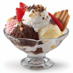 Ice cream sundae in a glass bowl, with scoops of vanilla, chocolate, and strawberry ice cream, isolated on white background.