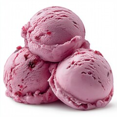 Three scoops of raspberry frozen sweet ice cream isolated on white background.