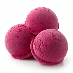 Three scoops of raspberry frozen sweet ice cream isolated on white background.