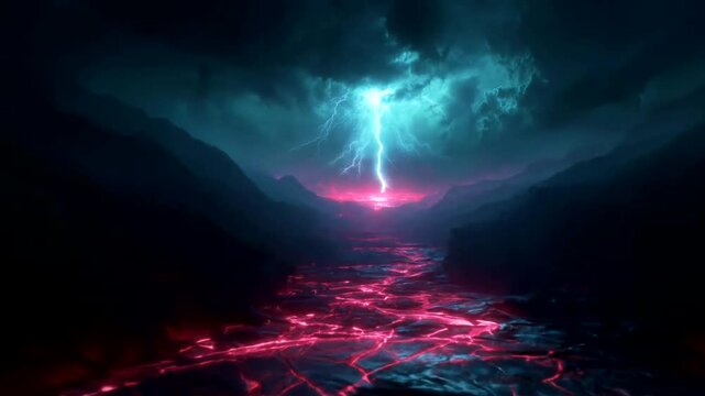 Nighttime landscape with vibrant lightning and glowing river