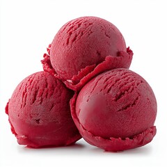 Three scoops of raspberry frozen sweet ice cream isolated on white background.