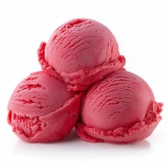 Three scoops of raspberry frozen sweet ice cream isolated on white background.