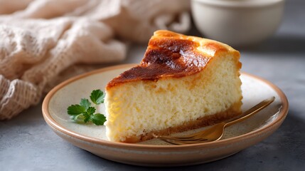 Slice of Caramelized Cheesecake on a Plate with Fresh Garnish