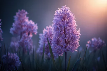 A serene scene of purple hyacinth flowers blooming in a garden, bathed in soft, warm light, their delicate petals and green foliage create a visually soothing springtime imagery .