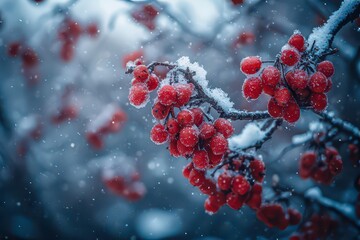A captivating close-up of vibrant red berries glistening with frost and snow on a wintry day, set against a serene blue backdrop creating a magical seasonal scene .