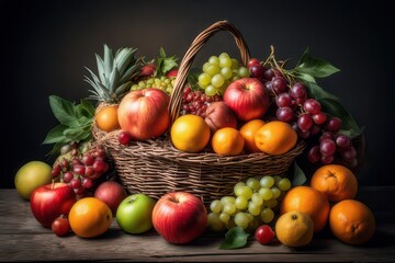 A bountiful harvest: Wicker basket overflowing with fresh apples, oranges, grapes, and a pineapple, all arranged on a rustic wooden table against a dark background .