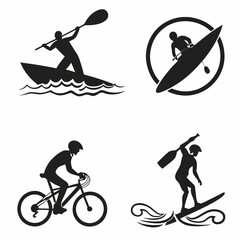 Black vector icons of summer activities: swimming, surfing, biking, kayaking – bold and simple silhouettes, 