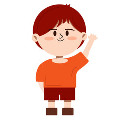 Friendly Little Boy with Reddish-Brown Hair Waving Hello Politely and Smiling Gently in a Cute Cartoon Vector.