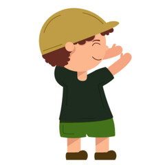 Curious Little Boy Wearing a Khaki Safari Hat and Waving with Hands Up, Ready for Adventure, Cartoon Vector.