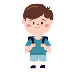 Happy School Boy with a Blue Backpack Ready for Learning, Standing and Smiling in a Cute Cartoon Style.