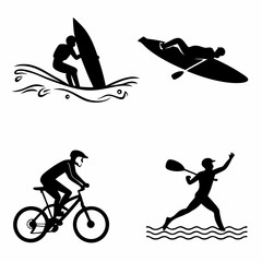 Black vector icons of summer activities: swimming, surfing, biking, kayaking – bold and simple silhouettes, 