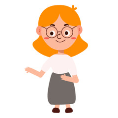 Friendly Woman with Short Orange Hair and Glasses, Waving and Smiling Politely in a Casual Office Attire.
