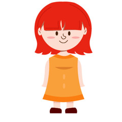 Sweet Little Girl with Short Red Hair and Fringe, Smiling Gently in an Orange Dress, Cute Cartoon Illustration.