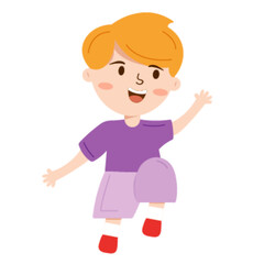 Energetic Young Boy with Blonde Hair Jumping or Running Happily with Arms Outstretched in a Playful Cartoon Style.