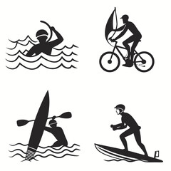 Black vector icons of summer activities: swimming, surfing, biking, kayaking – bold and simple silhouettes, 