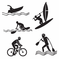 Black vector icons of summer activities: swimming, surfing, biking, kayaking – bold and simple silhouettes, 