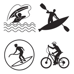 Black vector icons of summer activities: swimming, surfing, biking, kayaking – bold and simple silhouettes, 
