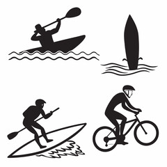 Black vector icons of summer activities: swimming, surfing, biking, kayaking – bold and simple silhouettes, 