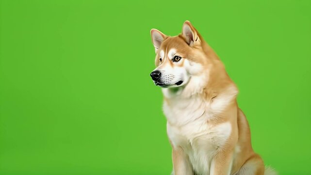 Dog green screen video of Shiba Inu standing alert and focused on bright green background