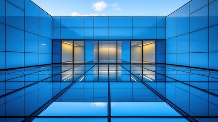 Blue glass skyscraper with skylight