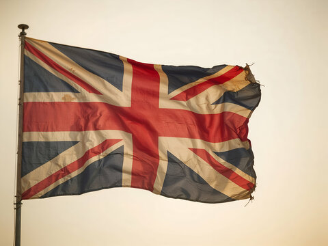 Distressed Union Jack, A Symbol of Resilience and History on a Flagpole Against a Neutral Sky Backdrop