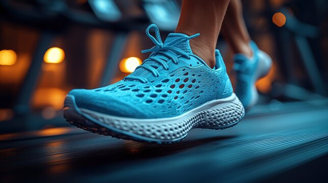 Blue shoe strides on a treadmill, blurred backdrop