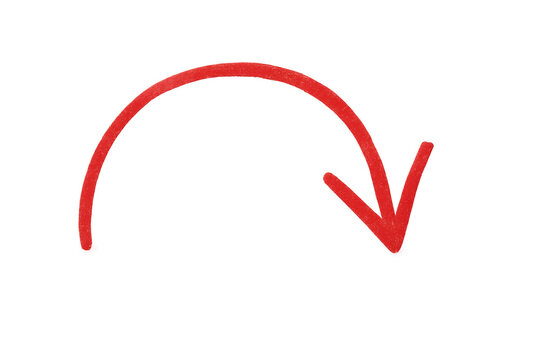 Red arrow curving and pointing down on a transparent background, ideal for presentations and graphic design projects