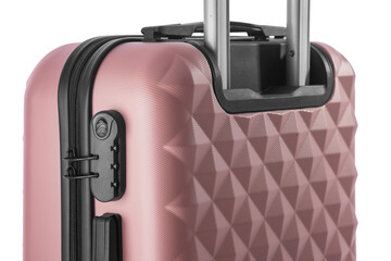 Modern Pink Travel Suitcase with Textured Design, isolated  on White Background
