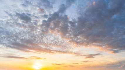 Morning Sky, Golden sunset beauty summer sun with Yellow, Orange, Blue sunrise sky background, Sunny bright dramatic cloud heaven sunshine, Horizon romantic sky fluffy landscape