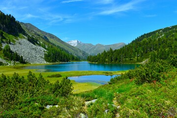 View of Karwassersee alpine lake in High Tauern, Central eastern alps, Austria with forest at the shore