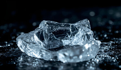 broken in a pure transparent crushed ice with cracks on a black background 