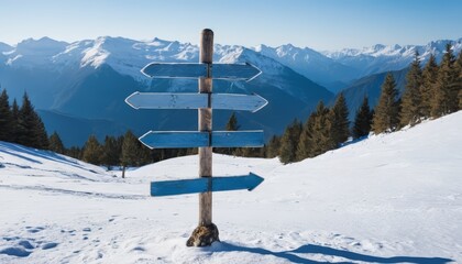 Snow-covered mountain landscape with a wooden signpost. The sign has multiple arrows pointing in different directions. Clear blue sky and distant peaks are visible.