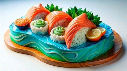 Elegant sushi cake designed to resemble traditional Japanese flavors with colorful decorations and artistic presentation