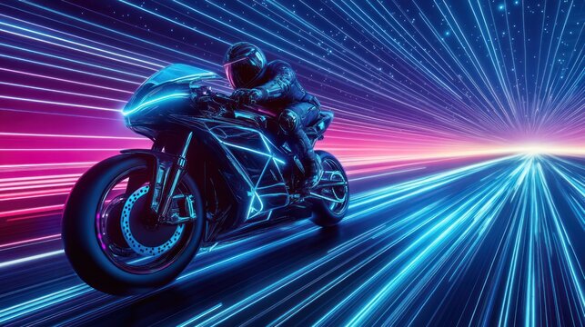 Futuristic cyberpunk motorcycle racing through a vibrant neon light speed tunnel