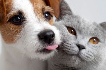 Dog licks cats face in closeup The dog is white and brown the cat is gray
