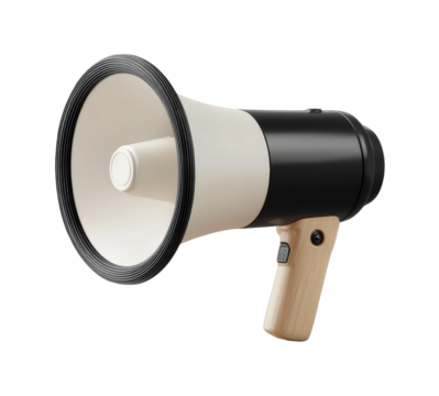 Modern megaphone with wooden handle and black accents on a black background