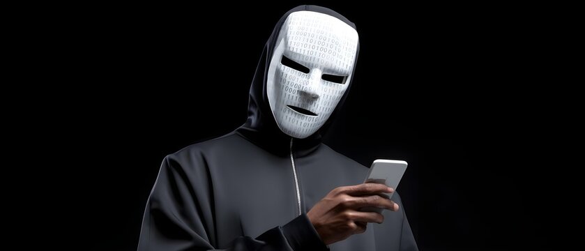 Mysterious figure in a mask using a smartphone