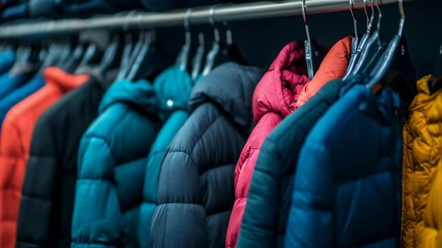 Colorful puffy jackets collection hanging neatly in a row on a rack