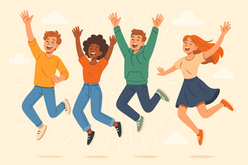 Happy diverse group of friends jumping in celebration. Young multicultural people feeling joyful and excited. Concept of success, freedom, friendship, and youth. Vector illustration.