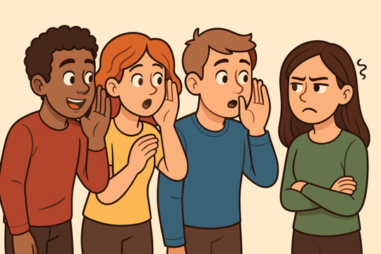Gossip and rumor concept with people whispering secrets. Sad isolated woman is victim of bullying and slander. Social exclusion, peer pressure, and misinformation communication chain.