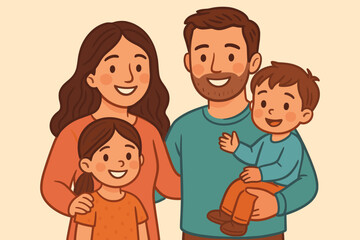 Happy family of four cartoon portrait. Mother, father, son and daughter smiling and hugging. Parents and children together. Vector illustration for love, care, unity, and family day.