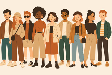 Trendy fashion crowd of diverse young people. Multicultural group of students and friends standing together. Community and youth concept. Full body flat design vector illustration.