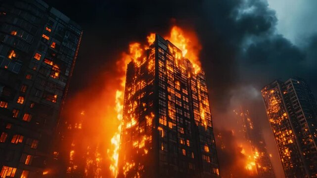 High rise building fire emergency with thick smoke and flames engulfing urban disaster scene in dramatic nighttime blaze