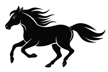 Silhouette of a rearing black horse with flowing mane and tail on a white background