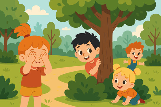 Happy children playing hide and seek game in a summer park. Cute cartoon kids having fun outdoors. Girl covering eyes, friends hiding behind tree and bush. Childhood vector.