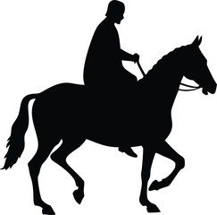 Silhouette of equestrian rider in formal dress astride a galloping horse on white background